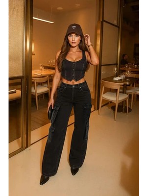 Banny Jeans Kadın Kargo Cepli Jean Pantolon Antrasit