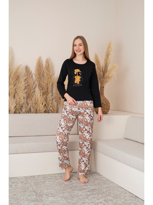 Kadın Pamuklu Baskı Detaylı Uzun Kollu Pijama Takım