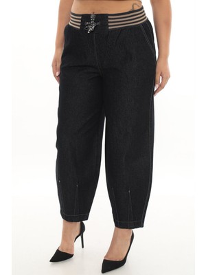 Büyük Beden Kadın Mom Fit Yüksek Bel Beli Lastikli Kot Pantolon