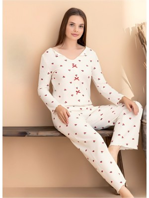 Kadın Kurdele Detaylı Kiraz Desenli U Yaka Likralı Pijama Takım