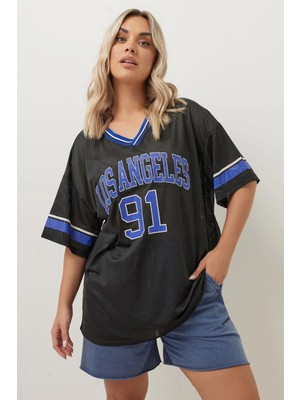 Büyük Beden V Yaka Kısa Kollu Baskılı File T-Shirt 304004