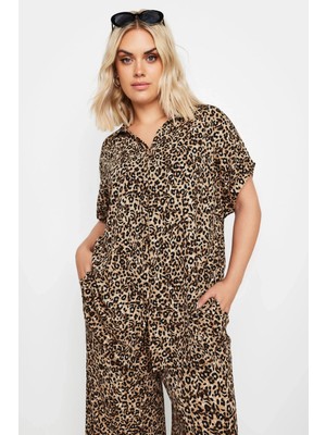 Stil Diva Büyük Beden Leopar Desenli Kısa Kollu Düğmeli Gömlek Kadın Rahat Kesim 321826