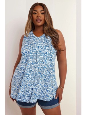 Büyük Beden V Yaka Önü Pileli Kolsuz Çiçek Desenli T-Shirt 322684