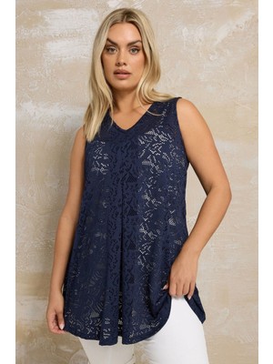 Büyük Beden V Yaka Kolsuz Astarsız Dantel T-Shirt 304100