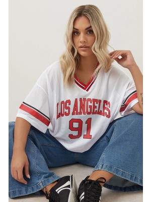 Büyük Beden V Yaka Kısa Kollu Baskılı File T-Shirt 303495