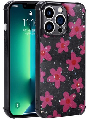 iPhone 12 Pro Max Kılıf Simli Desenli Kamera Korumalı Parlak N7TH Popy Kapak-Çiçek
