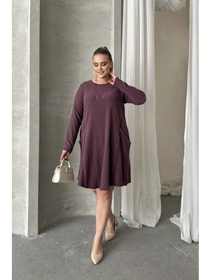 Büyük Beden Uzun Kollu Bisiklet Yaka Cepli Fitilli Elbise 100-186