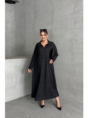 Büyük Beden V Yaka Uzun Kollu Fitilli Eteği Bollaşan Uzun Elbise 322181