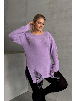 Büyük Beden Uzun Kollu Bisiklet Yaka Yırtık Detaylı Triko Kazak T-3