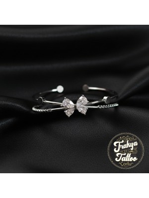 Zirkon Taşlı Kelebek Figürlü 2li Kadın Çelik Kelepçe Bileklik Paslanmaz