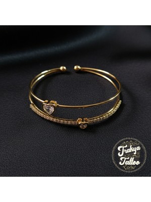 Zirkon Taşlı Su Yolu Kalpli 2li Kadın Çelik Kelepçe Bileklik Paslanmaz