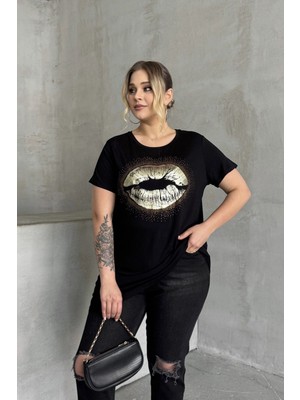 Büyük Beden Kısa Kollu Bisiklet Yaka Taş Işlemeli T-Shirt 302264