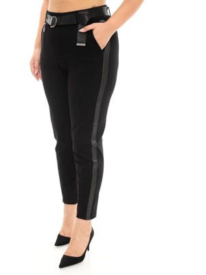 Büyük Beden Kadın Dar Paça Deri Şeritli Beli Lastikli Ekstra Battal Toparlayıcı Pantolon