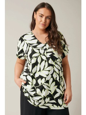 Büyük Beden V Yaka Kısa Kollu Yaprak Desenli Bluz 615244