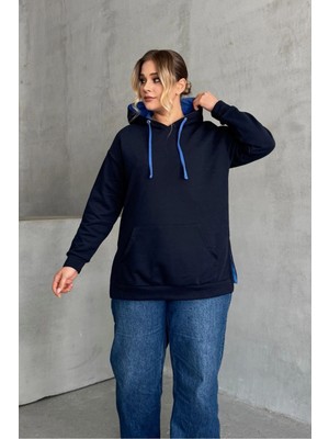 Büyük Beden Uzun Kollu Kapüşonlu Kanguru Cepli Yanları Yırtmaçlı Sweatshirt 303850