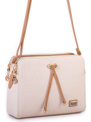 Nas Bag Kadın Ayarlanabilir Askılı Üç Gözlü Şık Çapraz Çanta Krem Camel Gofraj