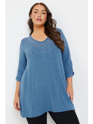 Büyük Beden V Yakası Taş Işlemeli Kolları Büzgülü Bluz 322297