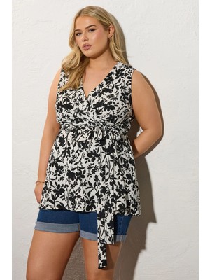 Büyük Beden V Yaka Sıfır Kol Önü Kuşaklı Desenli Bluz 322682