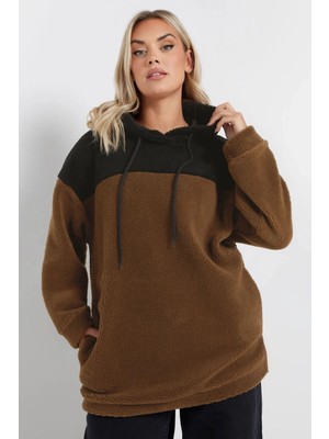 Büyük Beden Uzun Kollu Kapüşonlu ve Cepli Peluş Sweatshirt 303794