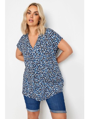 Büyük Beden V Yaka Leopar Desenli Kısa Kollu Bluz 321780