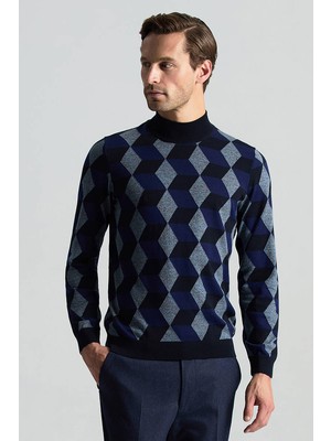 Hemington Merino Yünü Argyle Desen Lupetto Yaka Lacivert Triko