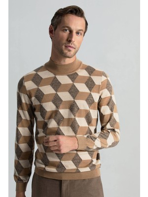 Hemington Merino Yünü Argyle Desen Lupetto Yaka Camel Triko