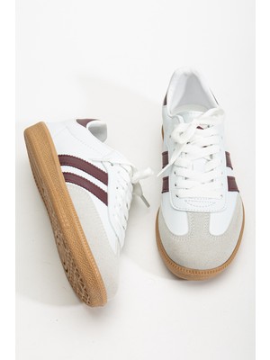 Daxtors Sanbo Ortopedik Unisex Sneaker Beyaz - Bordo Düz Tabanlı Spor Ayakkabı