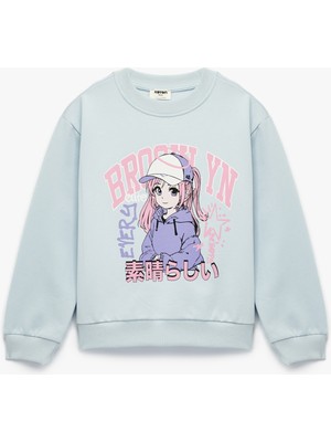 Pamuklu Uzun Kollu Bisiklet Yaka Baskılı Sweatshirt