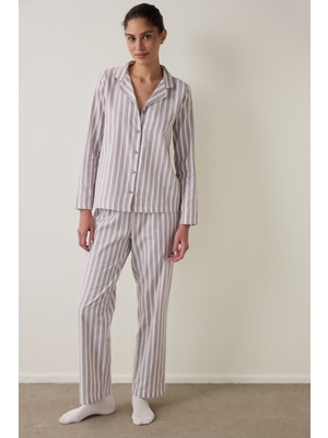 Penti Bej Çizgili Uzun Kollu Pamuklu Gömlek Pantolon Pijama Takımı