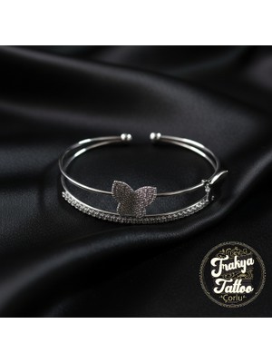 Zirkon Taşlı Su Yolu Kelebekli 2li Kadın Çelik Kelepçe Bileklik Paslanmaz