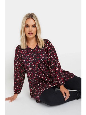 Büyük Beden V Yaka Uzun Kollu Çiçek Desenli Bluz 322098