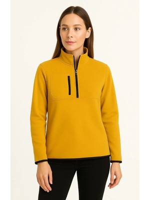 Kadın Polar Kazak – Dik Yaka, Yarım Fermuarlı, Fermuarlı Göğüs Cepli, Siyah Biyeli, Kışlık Rahat Regular Fit Günlük Model - Sarı