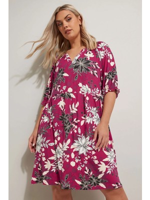 Büyük Beden V Yaka Kısa Kollu Çiçek Desenli Mini Elbise 304079