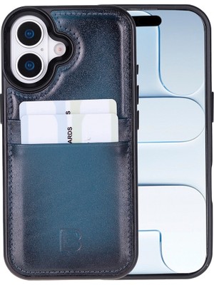 Bouletta, Apple iPhone 17 Için, Hakiki Deri, El Yapımı Kartlıklı Kılıf, Iç Yüzeyi Kadife, Gölgeli Mavi