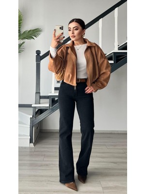 Antrasit Süet Kemerli Straight Jean