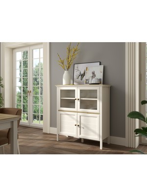 Hunerika Feyra Premium 2 Cam Kapaklı 2 Panjur Kapaklı Büfe/vitrin -Legnano/krem Minifiks Bağlantılı