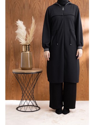 Kapüşonlu Ribana ve Aller Detaylı Giyçık - Siyah