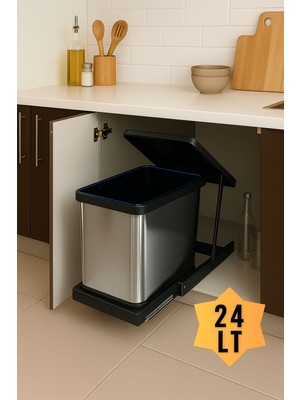 Cassone Dolap Içi Teleskopik Raylı Paslanmaz Krom Çöp Kovası 24 Litre, Minimum Kapak Genişliği 40 Cm