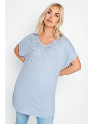 Stil Diva Açık Mavi Büyük Beden Kadın V Yaka Kısa Kollu Bluz Pul Detaylarıyla Şık Tasarım