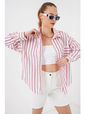 Hiccup Kadınlar BDART Cep Detaylı Oversize Çizgili Pamuklu Gömlek Kırmızı