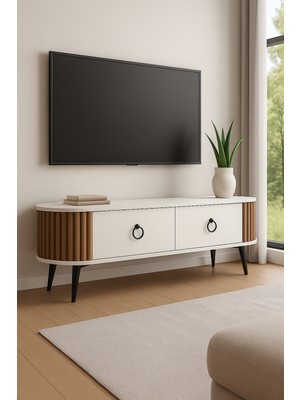 Linea 180 Lik Ovalli Çıtalı 2 Kapaklı Tv Ünitesi – Ceviz Detaylı, 180 Cm, Duvara Monte Edilebilir