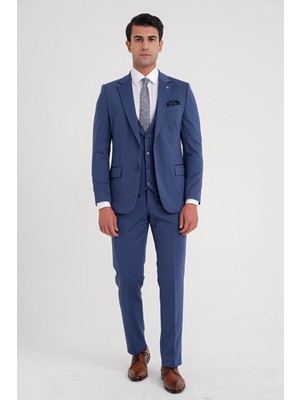 Efor Slim Fit Çift Yırtmaç Doku Desenli Esnek Parlement Yelekli Takım Elbise TK 927