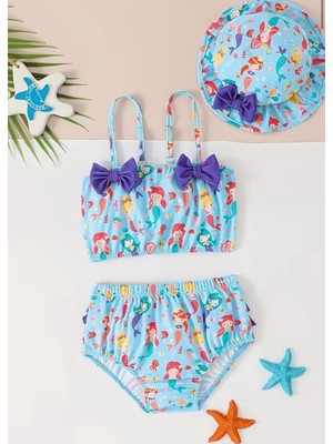 Deniz Kızı Bebek Mayo Bikini Takımı Şapkalı Korumalı