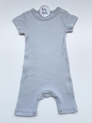 Gri Mavi  Fitilli Modal Pamuk  Romper Kısa Tulum Salopet