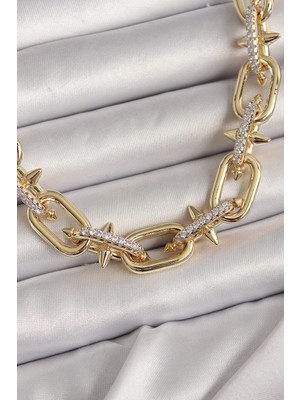 Pirinç Gold Renk Zirkon Taşlı Dikenli Halka Model Vıp Exculusive Seri Kadın Kolye - Lisinya