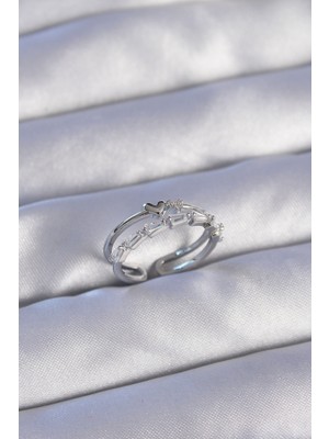 Pirinç Gümüş Renk Zirkon Taşlı Kalpli 2li Görünüm Ayarlanabilir Yüzük - Lisinya