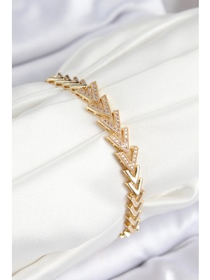 Pirinç Zirkon Taşlı Sıralı Ok Model Gold Renk Kadın Bileklik - Lisinya