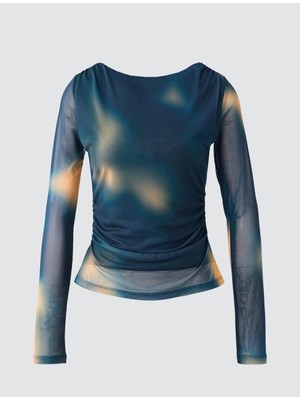 Jimmy Key Haki Kayık Yaka Uzun Kollu Desenli Mesh Örme Bluz