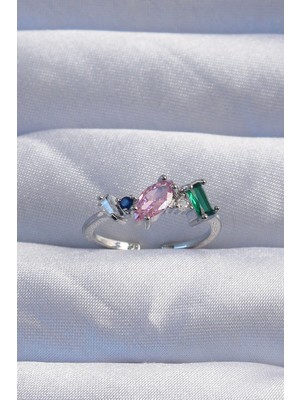 Pirinç Gümüş Renk Renkli Zirkon Taşlı Ayarlanabilir Yüzük - Lisinya