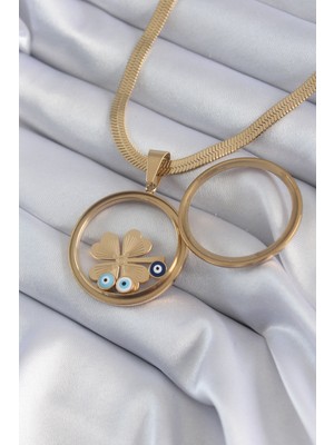 316L Çelik Gold Renk Italyan Zincir Açılabilir Fanus Yonca Figür Model Kadın Kolye - Lisinya